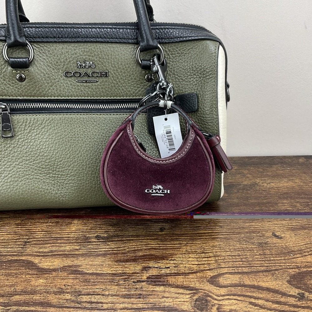 New Coach Mini Carmen Bag Charm Keychain Burgundy Velvet Leather Gunmetal CCF19 - Picture 9 of 10